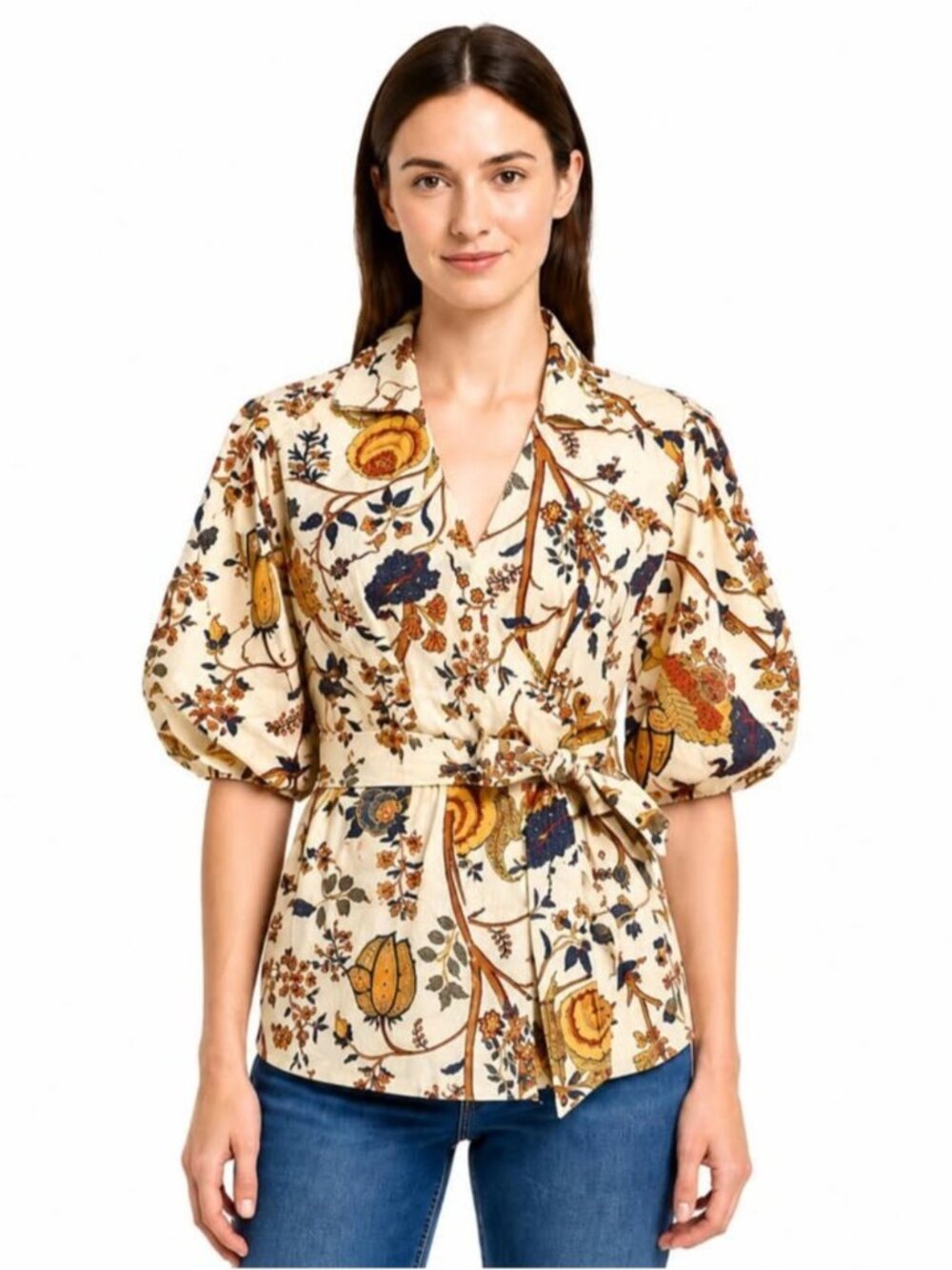 Elie Tahari Floral Wrap Puff Sleeve Belted Blouse